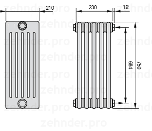 Схема (чертеж) Радиатор Zehnder Charleston 6075/5 №7610 Белый глянцевый RAL 9016